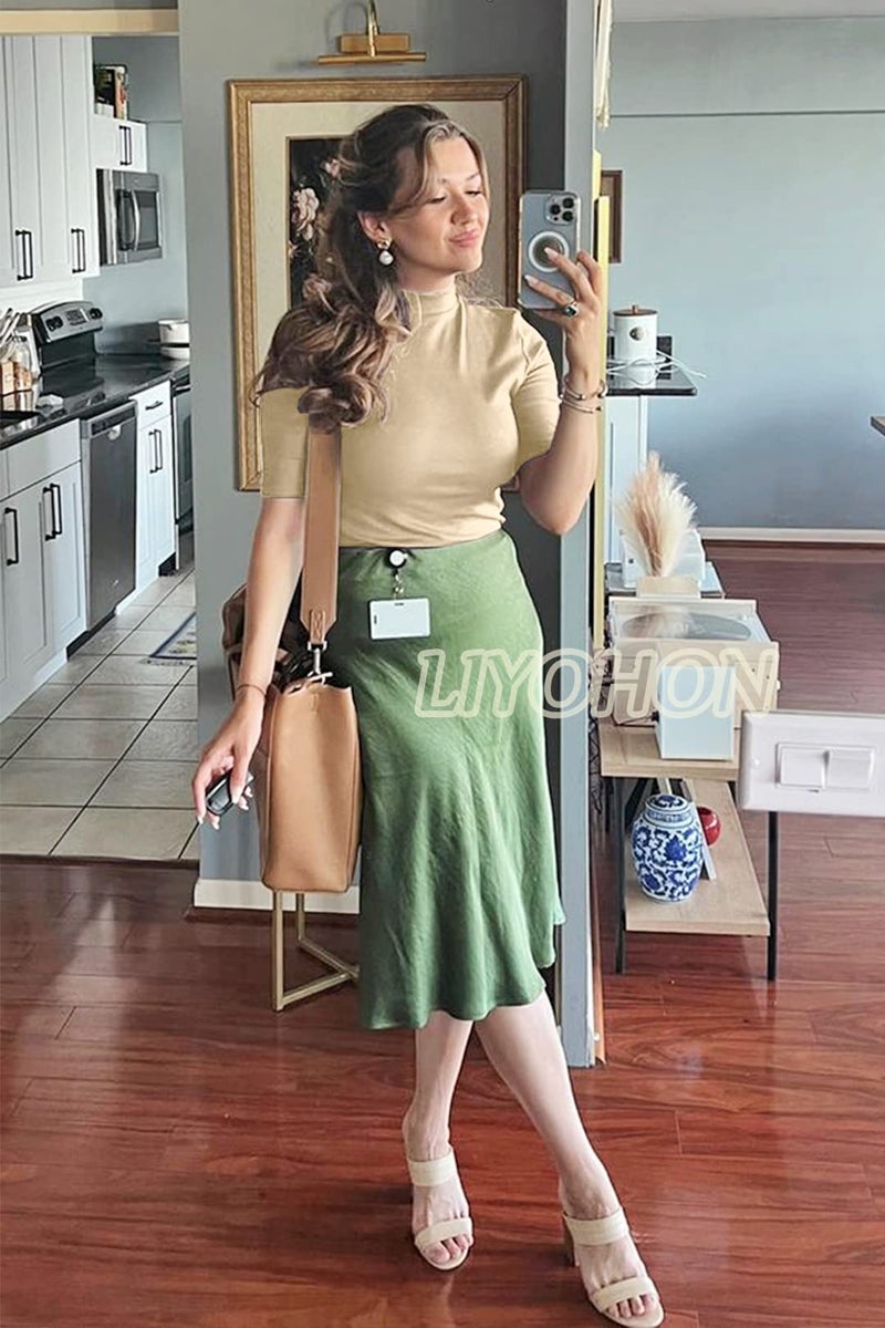 LIYOHON Womens Tops Dressy Casual Mock Turtleneck Business Short Sleeve T Shirts Going Out Tops 2025 Apricot-M - Image 4